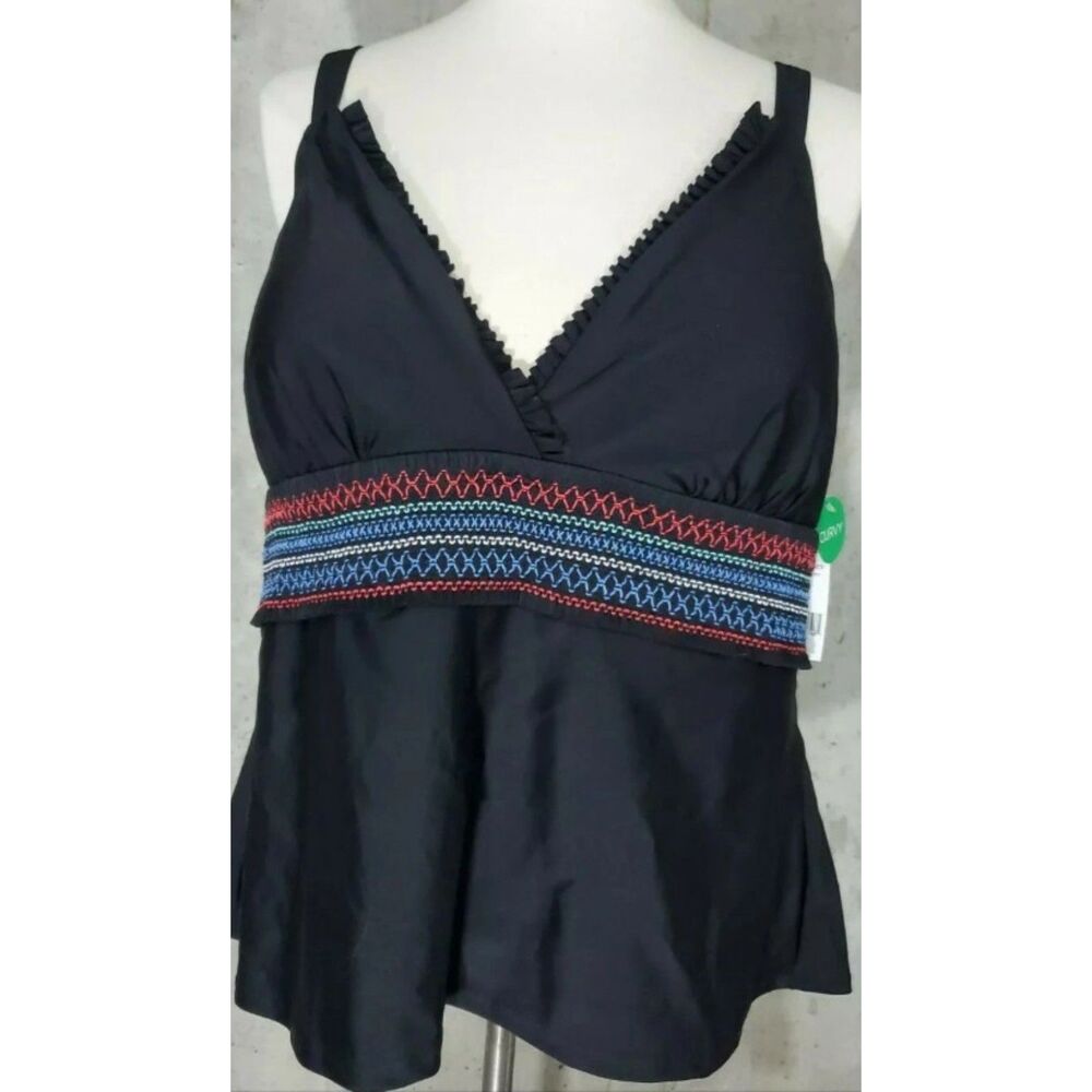 NWT Embroidered Black Plus Sz 2X Curvy Adjustable Straps Padded Tankini Top DIP